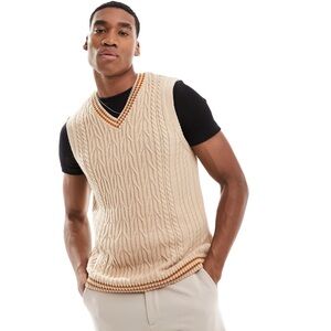 ASOS DESIGN knitted v neck tank vest cable knit cream with tan tipping men’s XS
